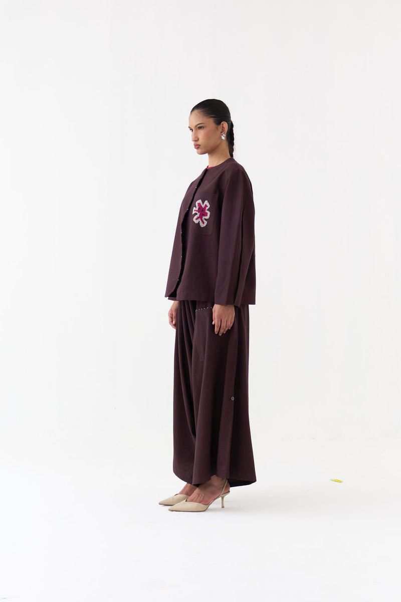 Embroidered Contour Overlay Co-Ord (Set Of 2)-Dark Brown handwoven cotton co-ord set by THREE in brown for women in Singapore