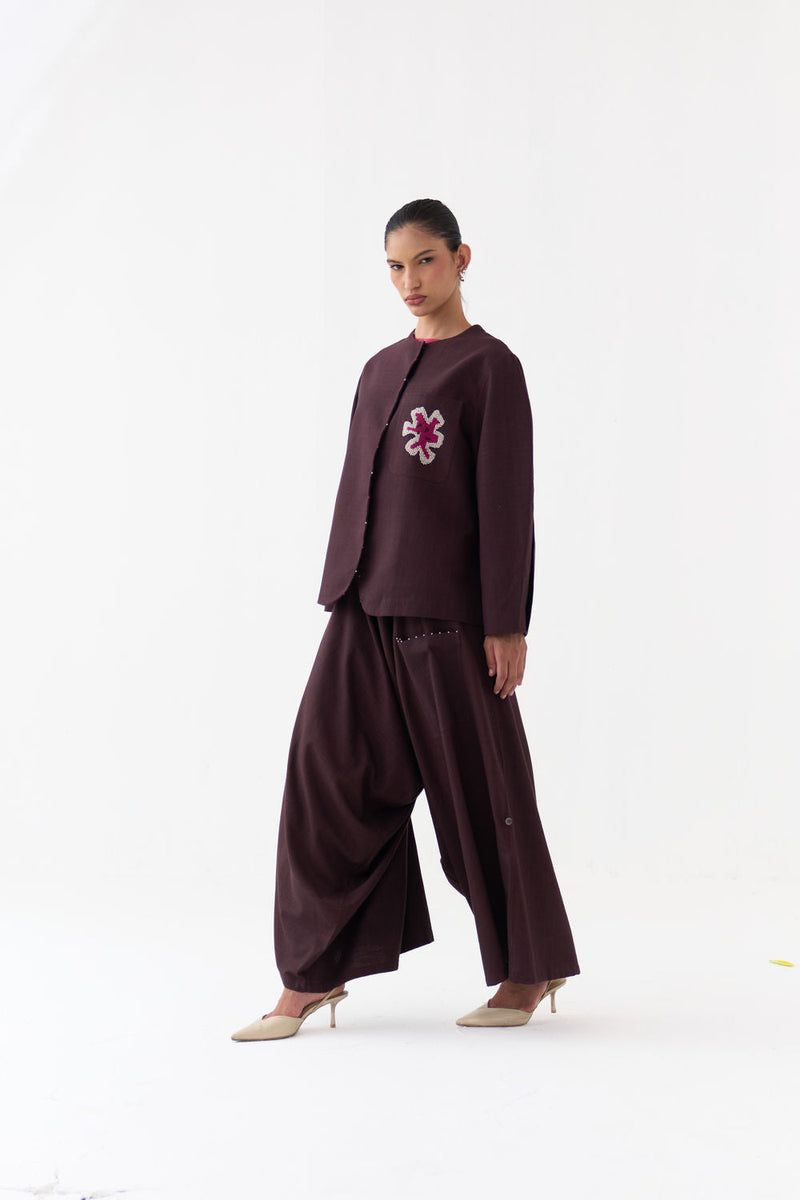 Drop Crotch Pant-Dark Brown handwoven cotton pant/trouser by THREE in brown for women in Singapore