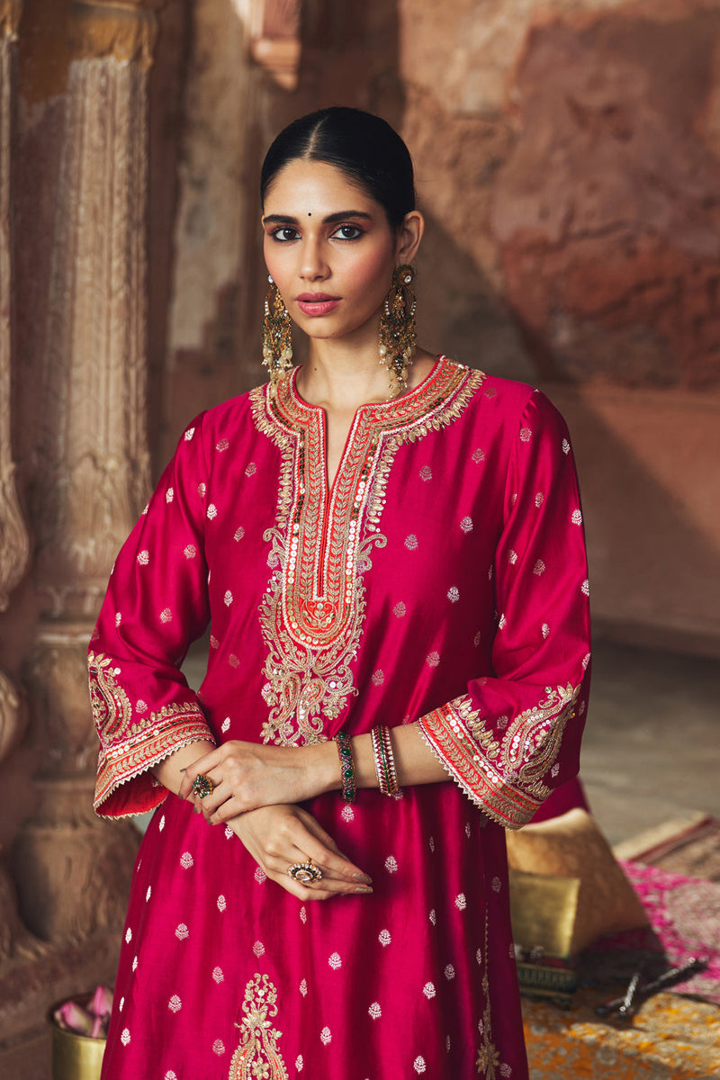 MEHWISH - HOTPINK SHORT KURTA WITH SALWAR AND DUPATTA chanderi silk kurta/kurta set by SHEETAL BATRA in pink for women in Singapore