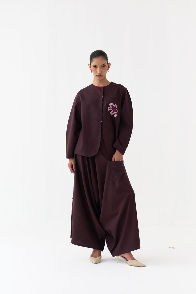 Embroidered Contour Overlay Co-Ord (Set Of 2)-Dark Brown handwoven cotton co-ord set by THREE in brown for women in Singapore