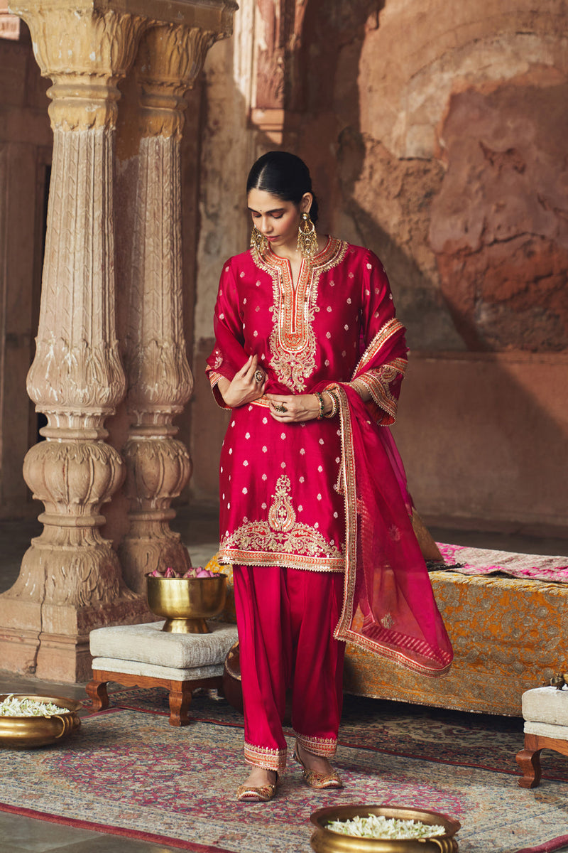 MEHWISH - HOTPINK SHORT KURTA WITH SALWAR AND DUPATTA chanderi silk kurta/kurta set by SHEETAL BATRA in pink for women in Singapore