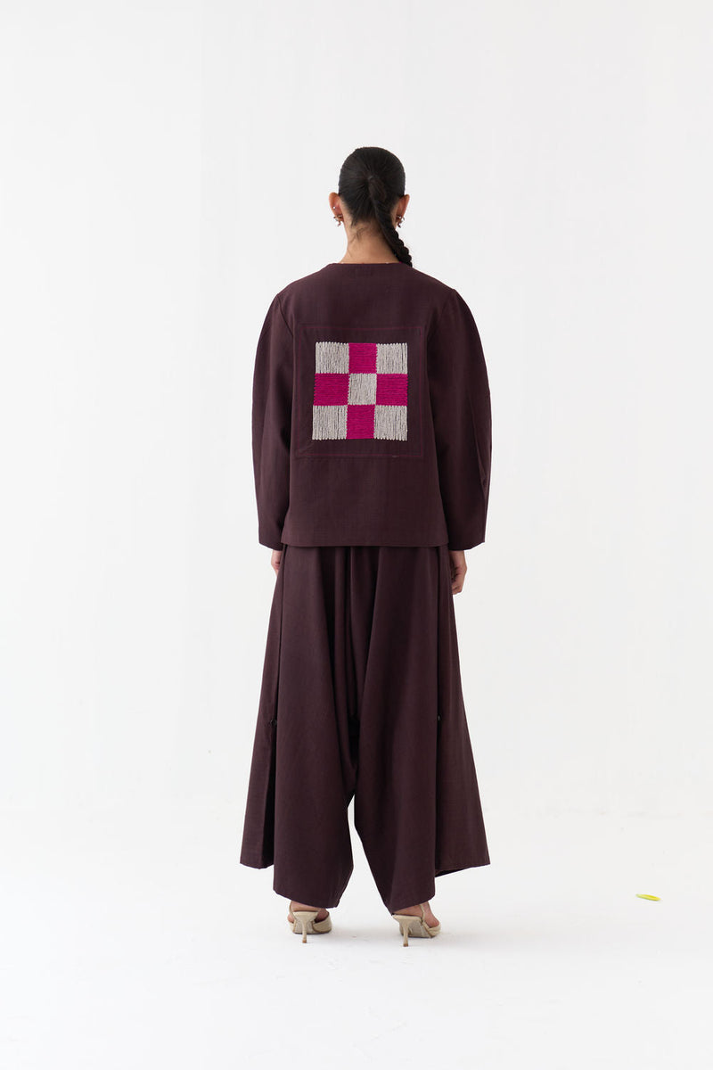 Embroidered Contour Overlay Co-Ord (Set Of 2)-Dark Brown handwoven cotton co-ord set by THREE in brown for women in Singapore