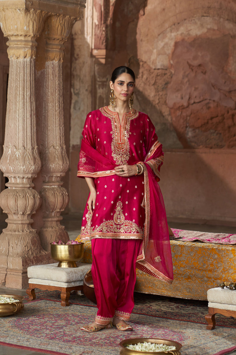 MEHWISH - HOTPINK SHORT KURTA WITH SALWAR AND DUPATTA chanderi silk kurta/kurta set by SHEETAL BATRA in pink for women in Singapore