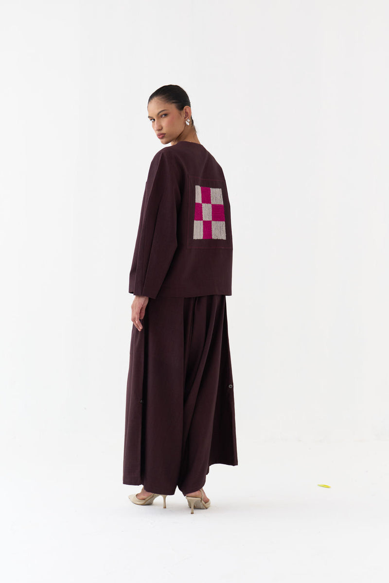 Embroidered Contour Overlay Co-Ord (Set Of 2)-Dark Brown handwoven cotton co-ord set by THREE in brown for women in Singapore