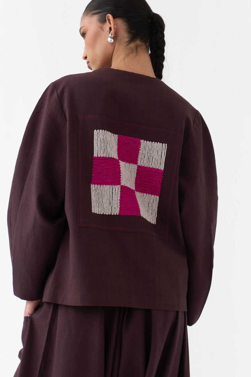 Embroidered Contour Overlay-Dark Brown handwoven cotton jacket/overlay by THREE in brown for women in Singapore