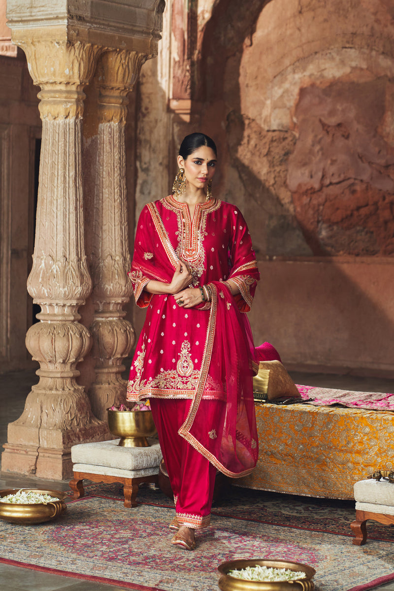 MEHWISH - HOTPINK SHORT KURTA WITH SALWAR AND DUPATTA chanderi silk kurta/kurta set by SHEETAL BATRA in pink for women in Singapore