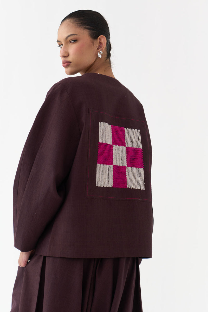 Embroidered Contour Overlay Co-Ord (Set Of 2)-Dark Brown handwoven cotton co-ord set by THREE in brown for women in Singapore