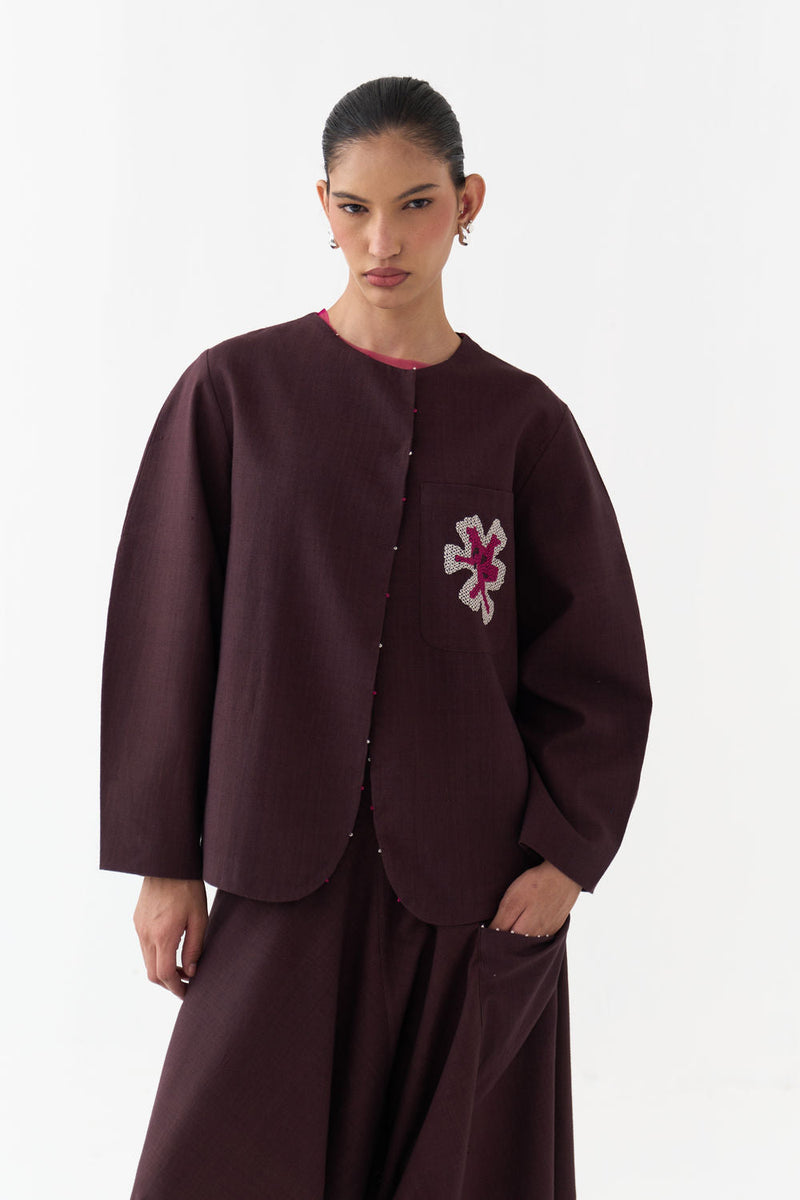 Embroidered Contour Overlay Co-Ord (Set Of 2)-Dark Brown handwoven cotton co-ord set by THREE in brown for women in Singapore