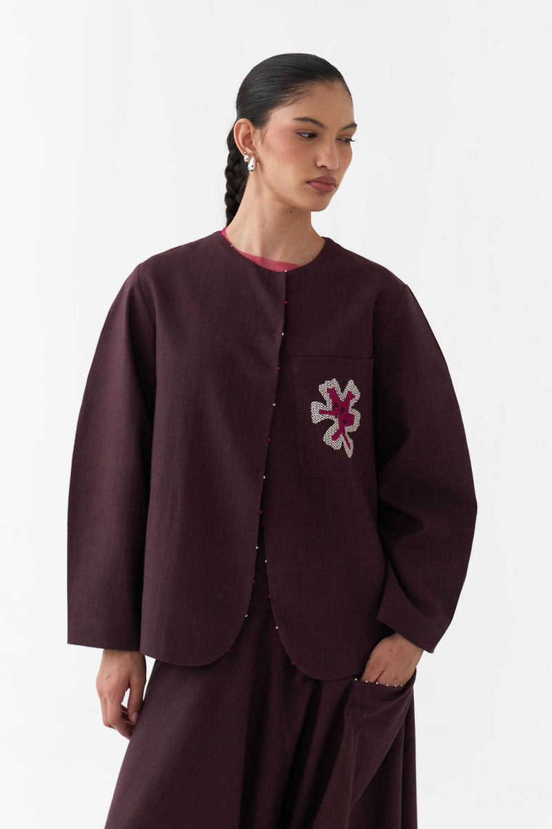Embroidered Contour Overlay-Dark Brown handwoven cotton jacket/overlay by THREE in brown for women in Singapore