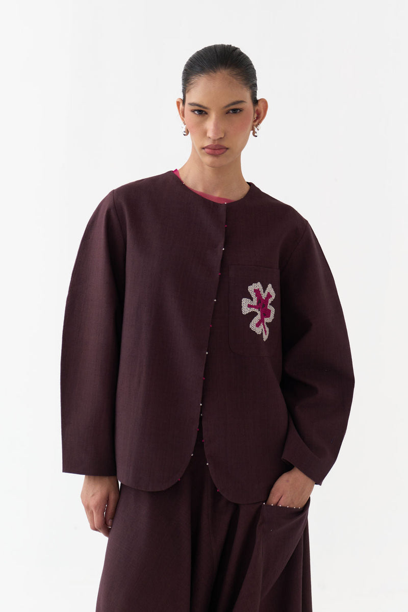 Embroidered Contour Overlay-Dark Brown handwoven cotton jacket/overlay by THREE in brown for women in Singapore