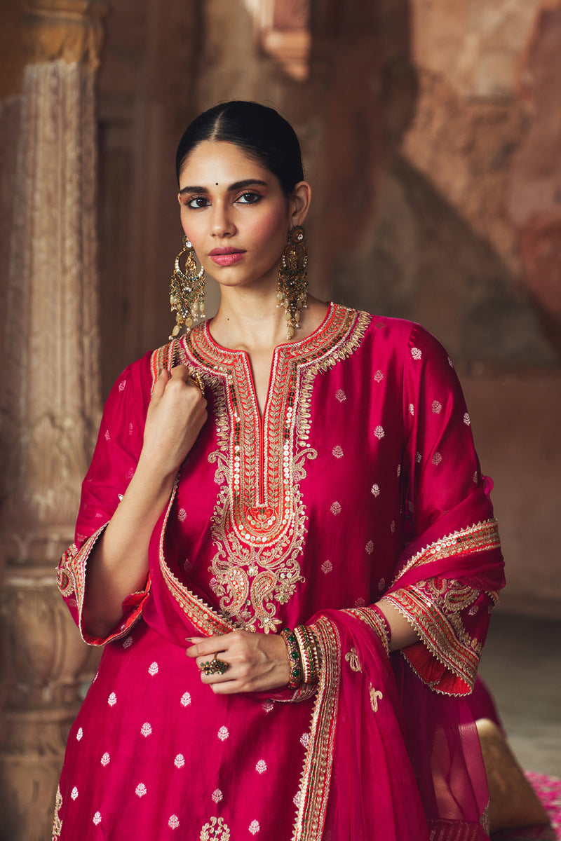 MEHWISH - HOTPINK SHORT KURTA WITH SALWAR AND DUPATTA chanderi silk kurta/kurta set by SHEETAL BATRA in pink for women in Singapore