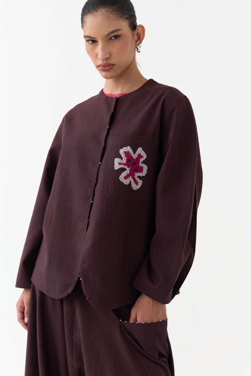 Embroidered Contour Overlay-Dark Brown handwoven cotton jacket/overlay by THREE in brown for women in Singapore