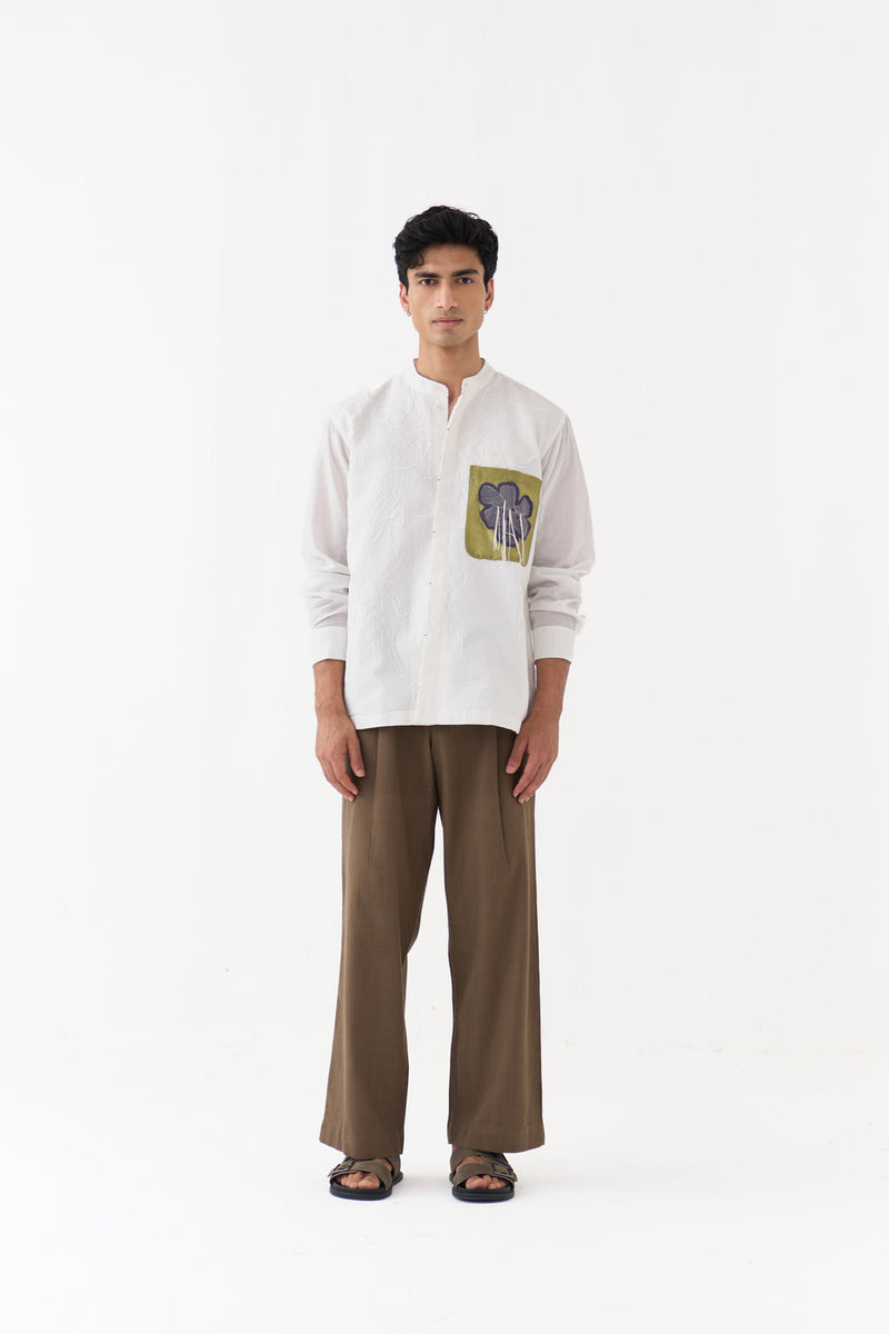 Fringe Applique Patch Pocket Shirt handwoven cotton mul shirt by THREE Men in white for men in Singapore