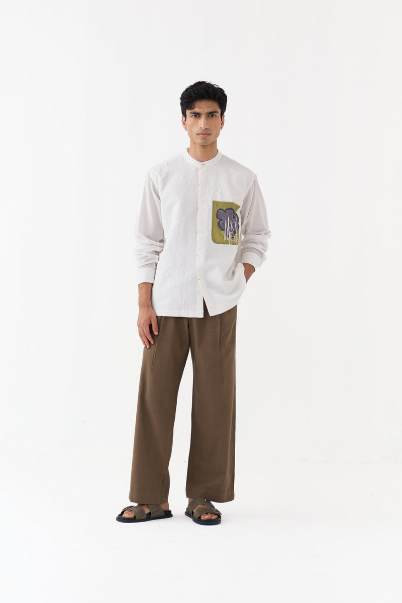 Fringe Applique Patch Pocket Shirt handwoven cotton mul shirt by THREE Men in white for men in Singapore