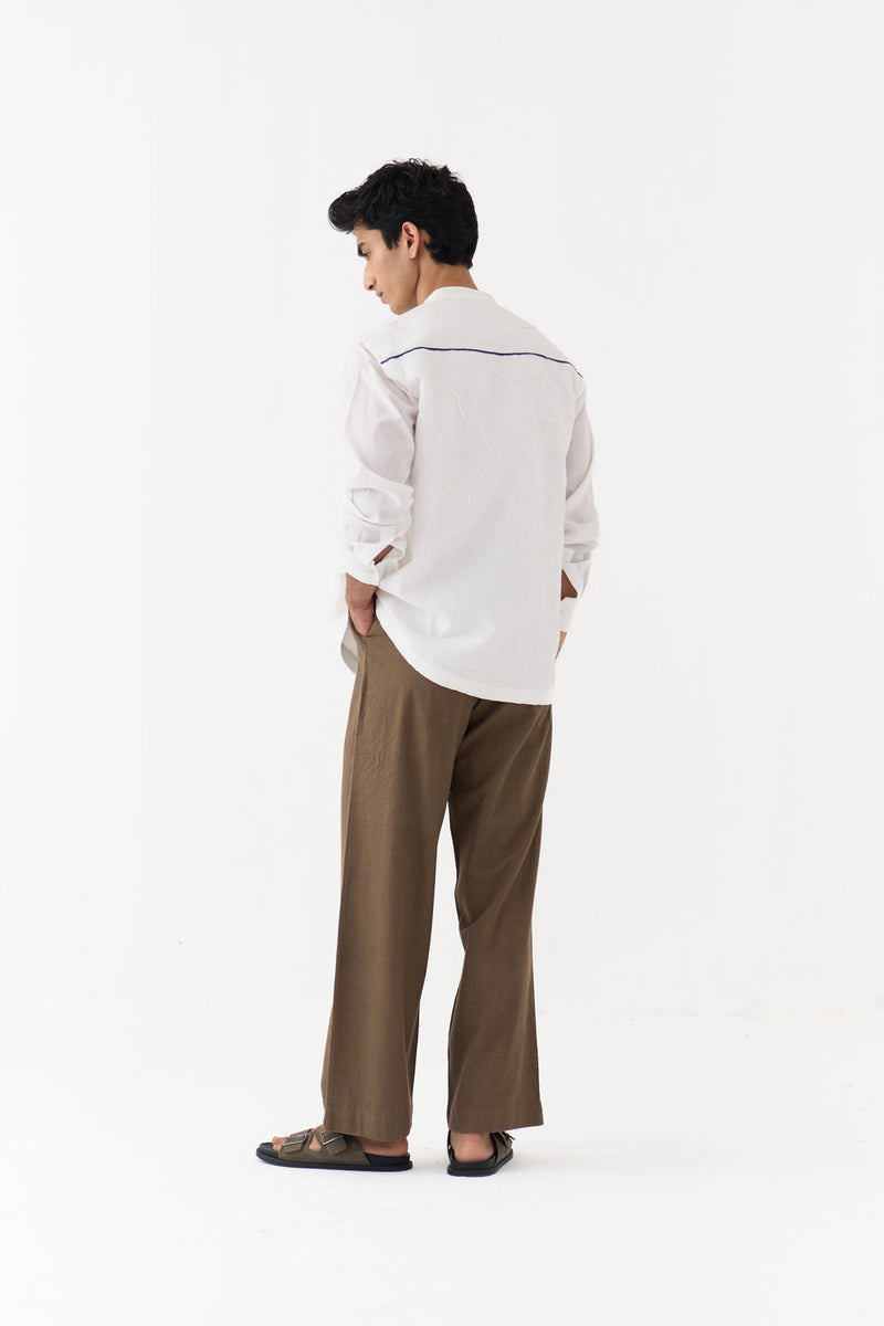 Fringe Applique Patch Pocket Shirt Co-Ord handwoven cotton mul co-ord set by THREE Men in white,brown for men in Singapore