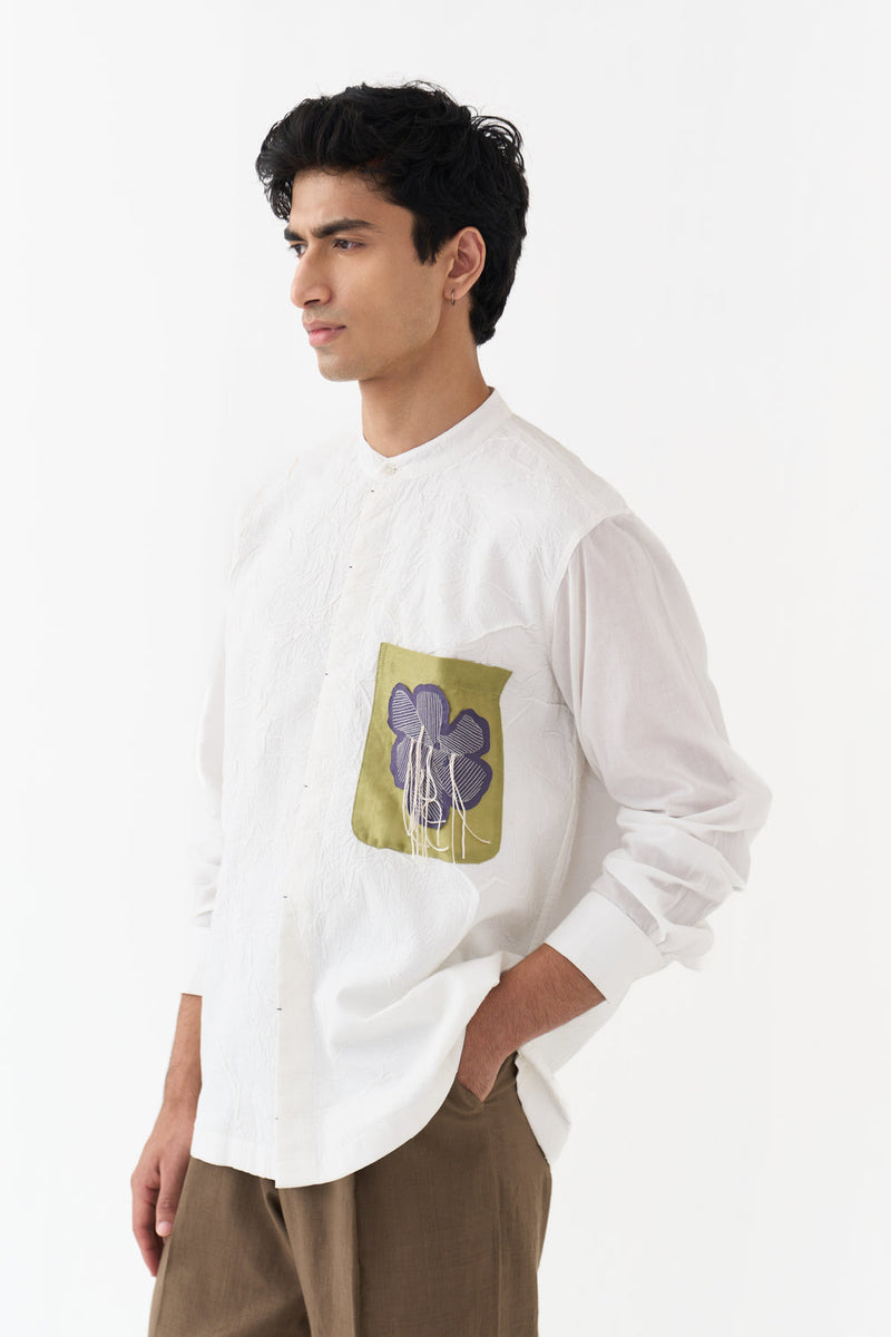 Fringe Applique Patch Pocket Shirt handwoven cotton mul shirt by THREE Men in white for men in Singapore