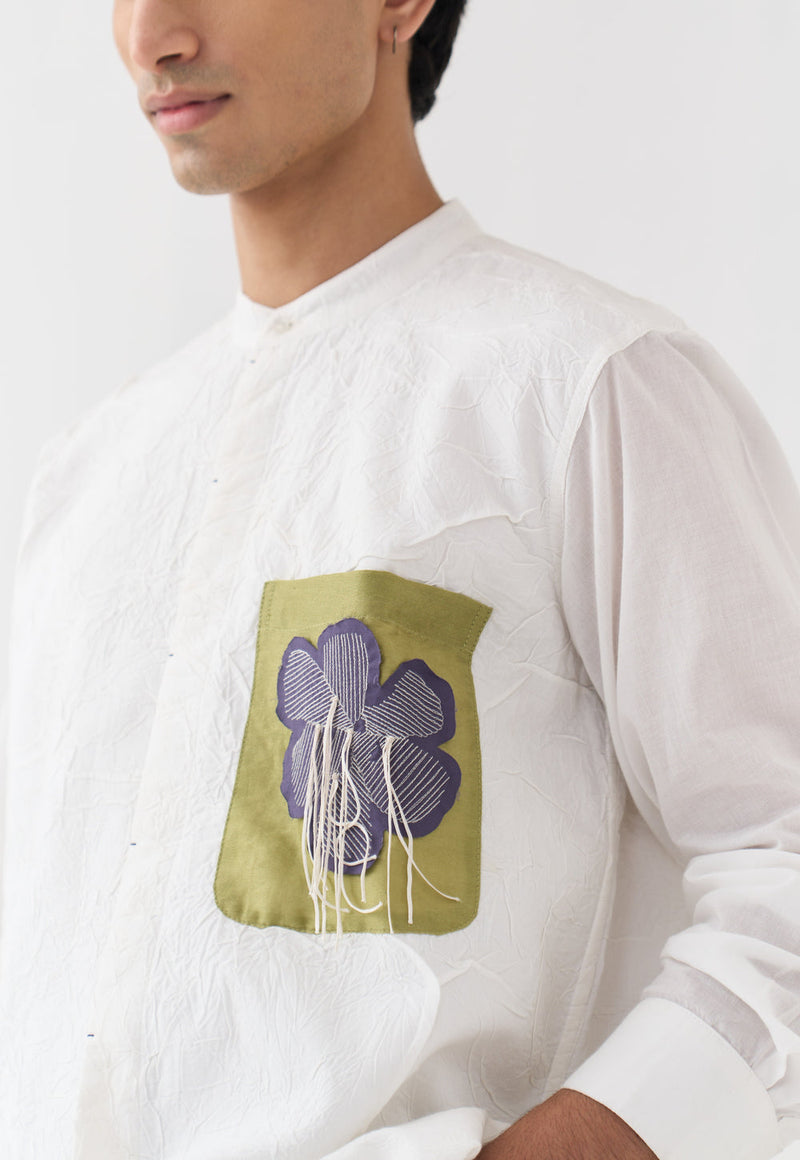 Fringe Applique Patch Pocket Shirt Co-Ord handwoven cotton mul co-ord set by THREE Men in white,brown for men in Singapore