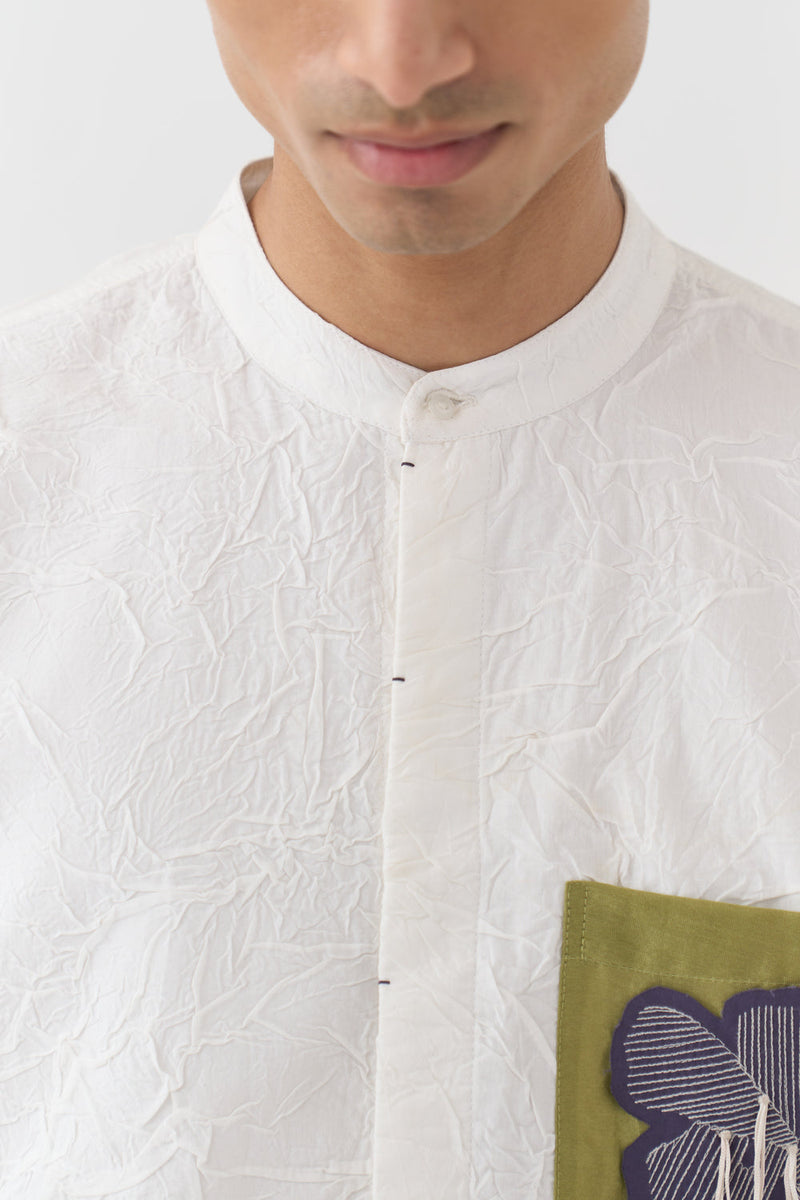Fringe Applique Patch Pocket Shirt Co-Ord handwoven cotton mul co-ord set by THREE Men in white,brown for men in Singapore