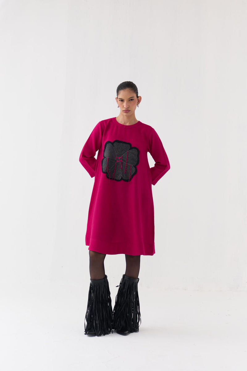 Floral Applique Woollen Dress-Fuchsia merino wool dress by THREE in fuchsia for women in Singapore