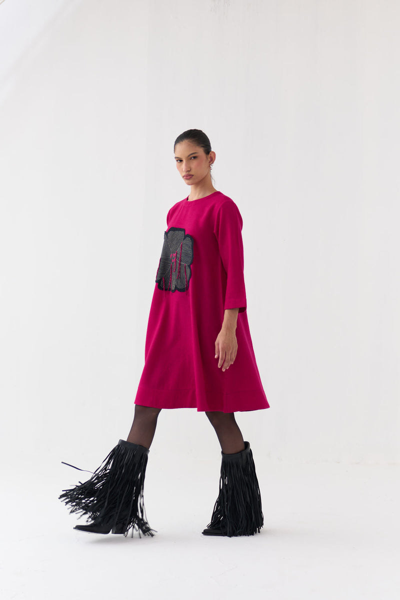 Floral Applique Woollen Dress-Fuchsia merino wool dress by THREE in fuchsia for women in Singapore