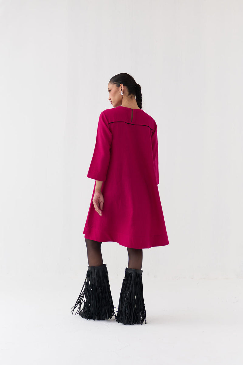 Floral Applique Woollen Dress-Fuchsia merino wool dress by THREE in fuchsia for women in Singapore