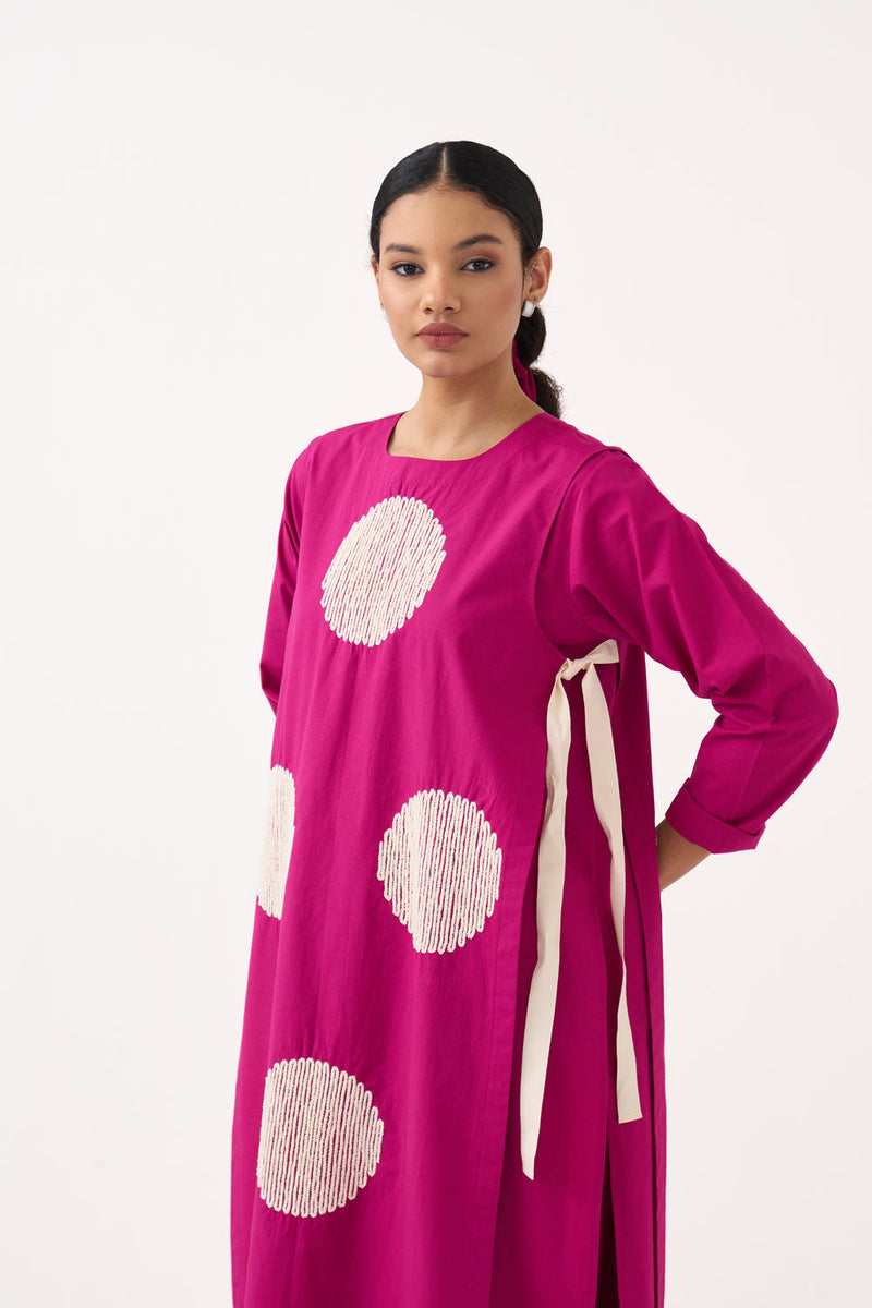 Emb. Side Tie Overlay (Set Of 2)-Bright Berry cotton poplin jacket/overlay by THREE in pink for women in Singapore