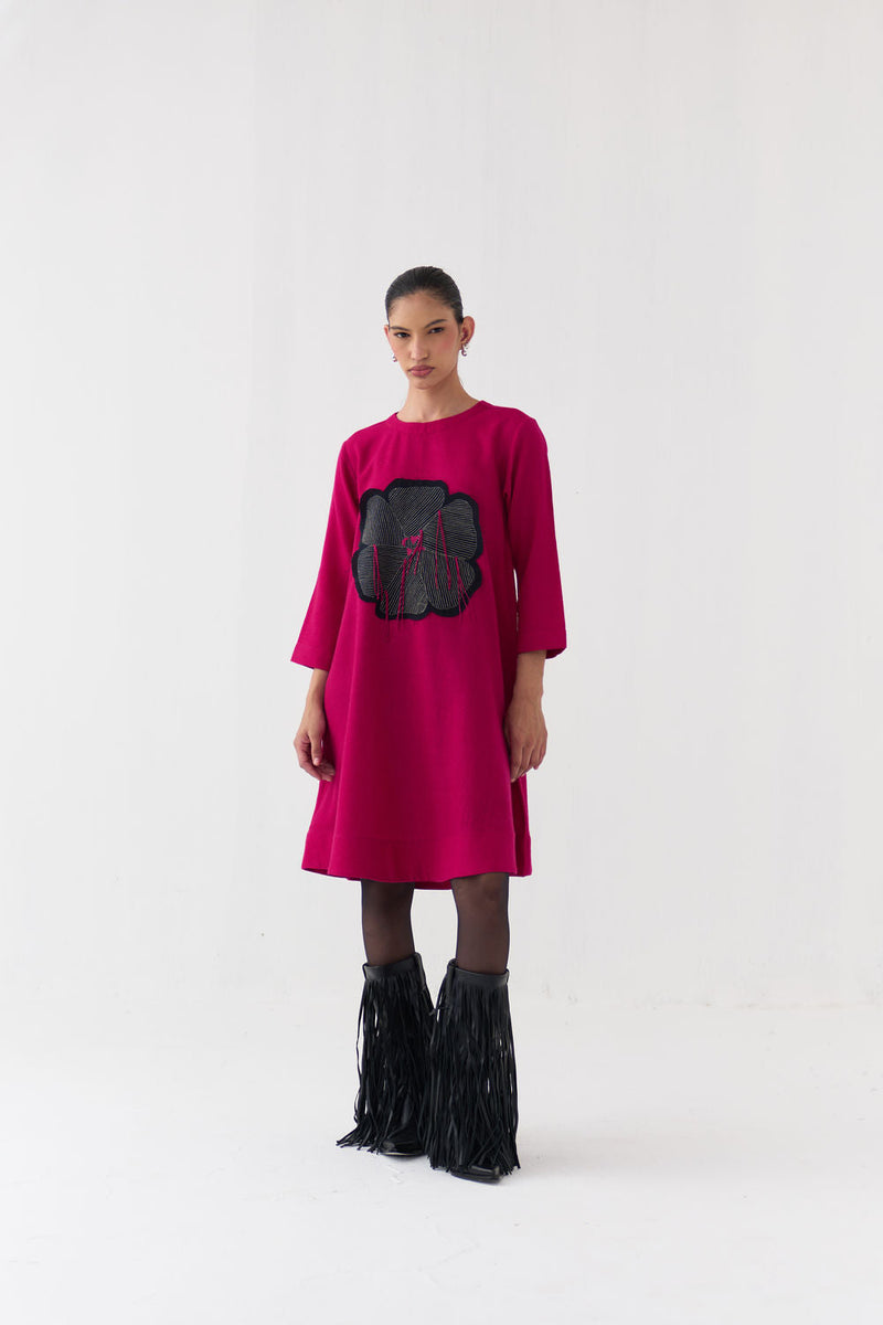 Floral Applique Woollen Dress-Fuchsia merino wool dress by THREE in fuchsia for women in Singapore