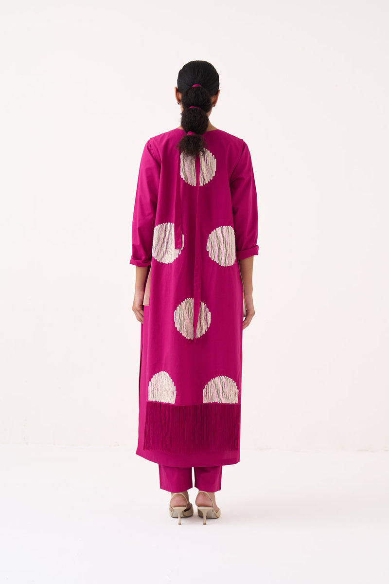 Emb. Side Tie Overlay Co-Ord (Set Of 3)-Bright Berry poplin co-ord set by THREE in pink for women in Singapore