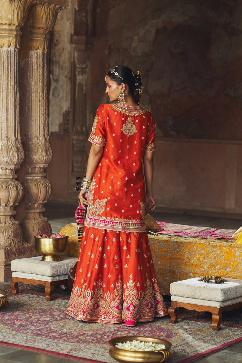 AREESHA - BURNT ORANGE SHORT KURTA WITH SHARARA AND DUPATTA silk chanderi kurta/kurta set by SHEETAL BATRA in orange for women in Singapore