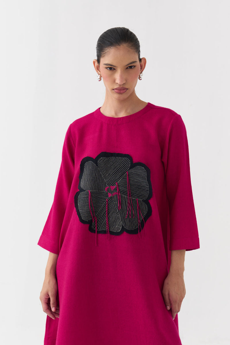 Floral Applique Woollen Dress-Fuchsia merino wool dress by THREE in fuchsia for women in Singapore
