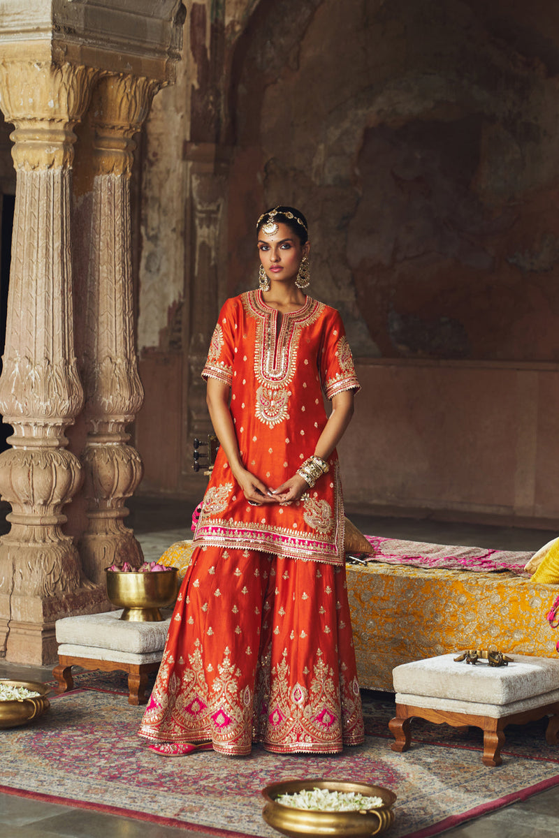 AREESHA - BURNT ORANGE SHORT KURTA WITH SHARARA AND DUPATTA silk chanderi kurta/kurta set by SHEETAL BATRA in orange for women in Singapore