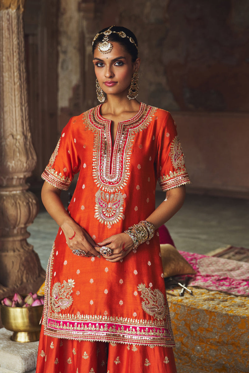 AREESHA - BURNT ORANGE SHORT KURTA WITH SHARARA AND DUPATTA silk chanderi kurta/kurta set by SHEETAL BATRA in orange for women in Singapore