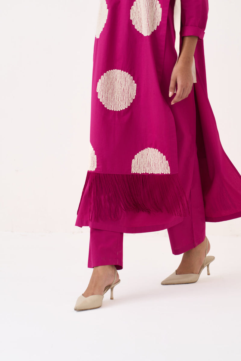 Emb. Side Tie Overlay Co-Ord (Set Of 3)-Bright Berry poplin co-ord set by THREE in pink for women in Singapore