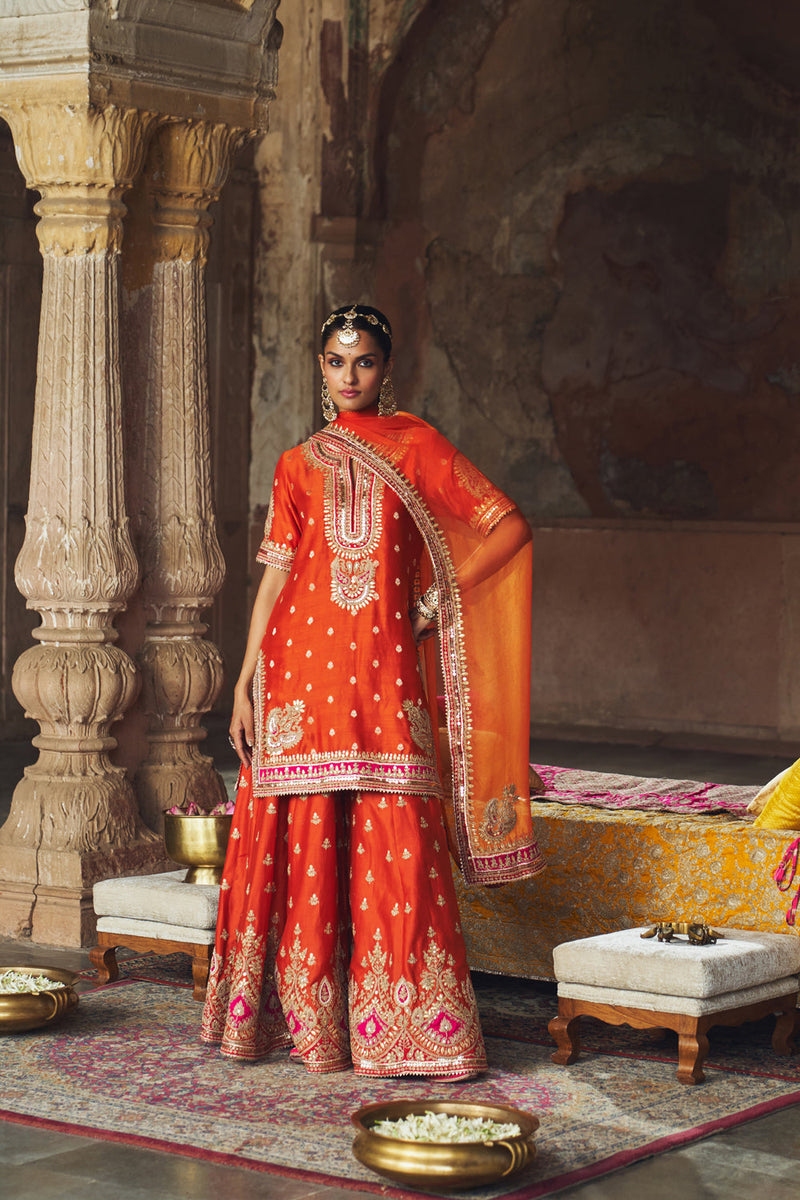 AREESHA - BURNT ORANGE SHORT KURTA WITH SHARARA AND DUPATTA silk chanderi kurta/kurta set by SHEETAL BATRA in orange for women in Singapore