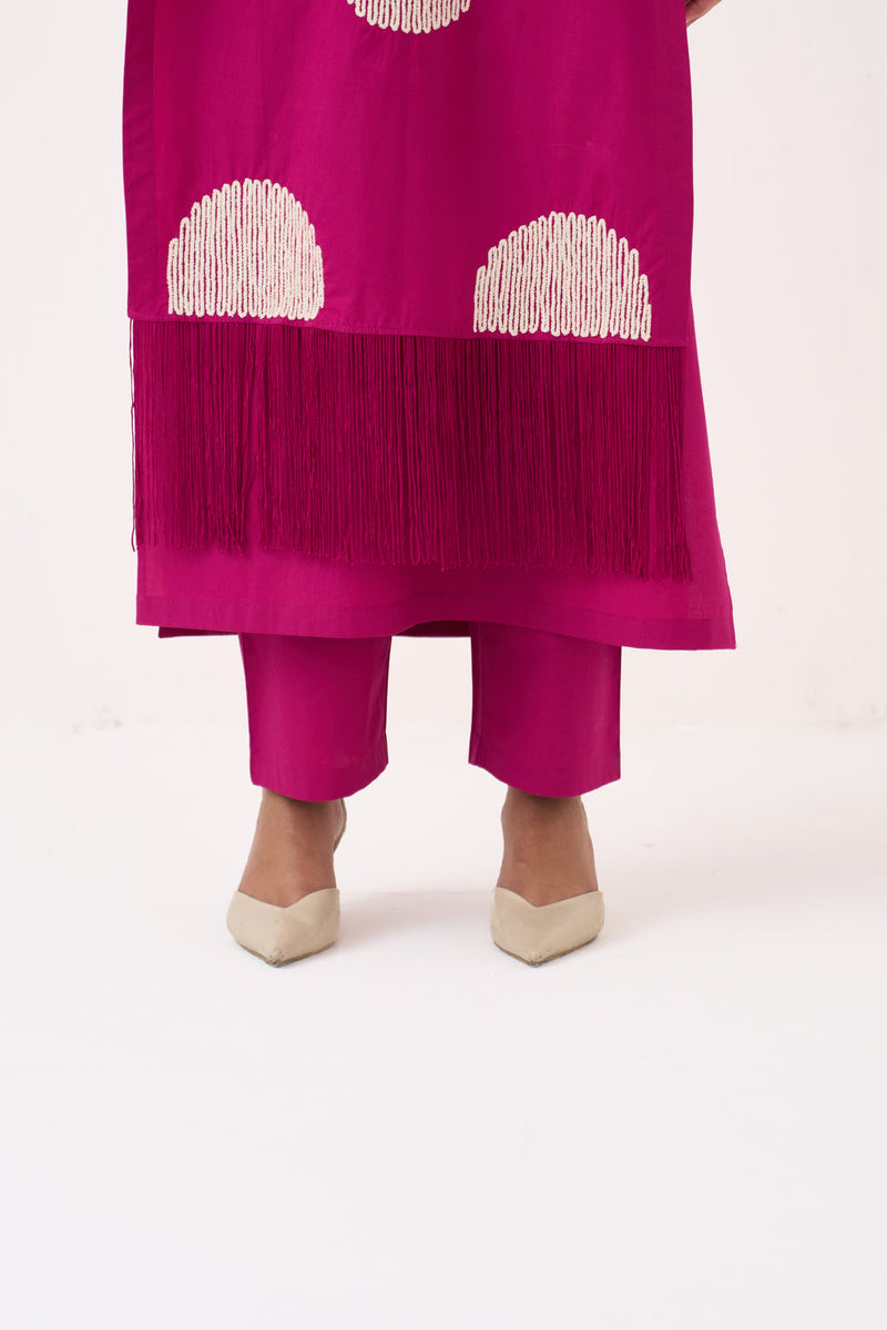 Emb. Side Tie Overlay Co-Ord (Set Of 3)-Bright Berry poplin co-ord set by THREE in pink for women in Singapore