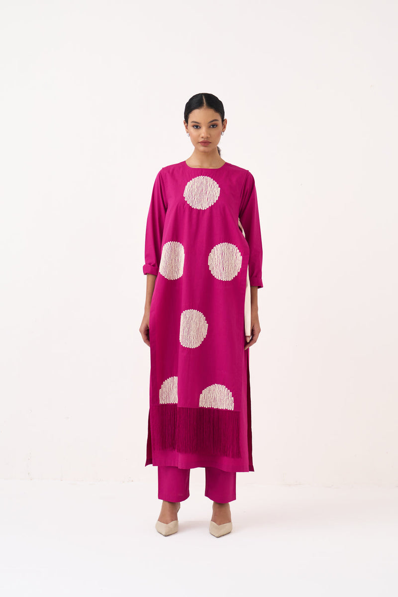 Emb. Side Tie Overlay Co-Ord (Set Of 3)-Bright Berry poplin co-ord set by THREE in pink for women in Singapore