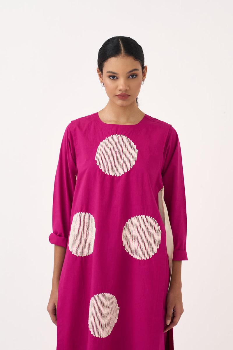 Emb. Side Tie Overlay Co-Ord (Set Of 3)-Bright Berry poplin co-ord set by THREE in pink for women in Singapore