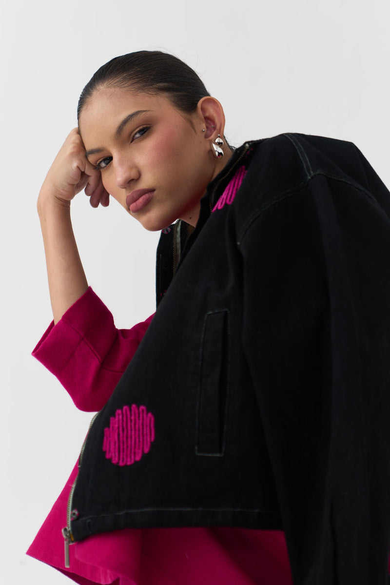 Floral Applique Woollen Dress-Fuchsia merino wool dress by THREE in fuchsia for women in Singapore