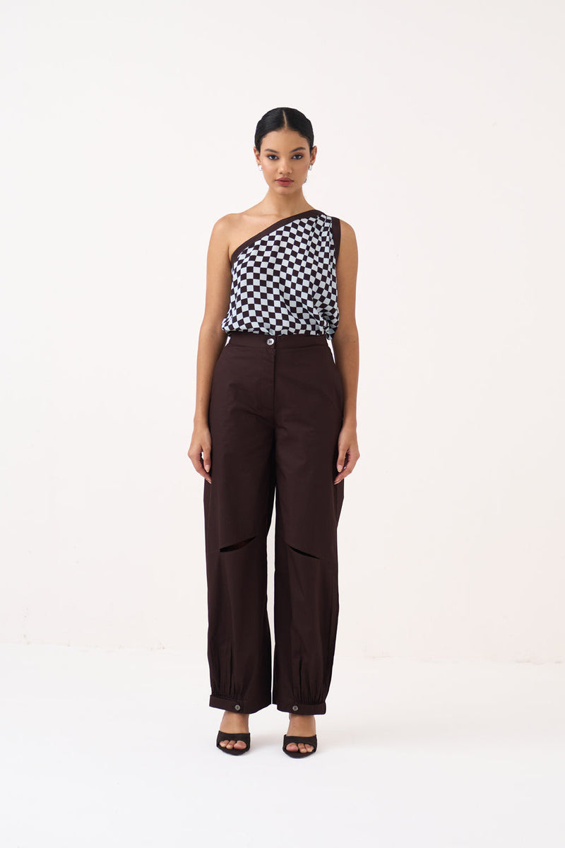 One Shoulder Top-Cocoa Brown & Ice Blue  silk crepe top/shirt by THREE in dark brown for women in Singapore