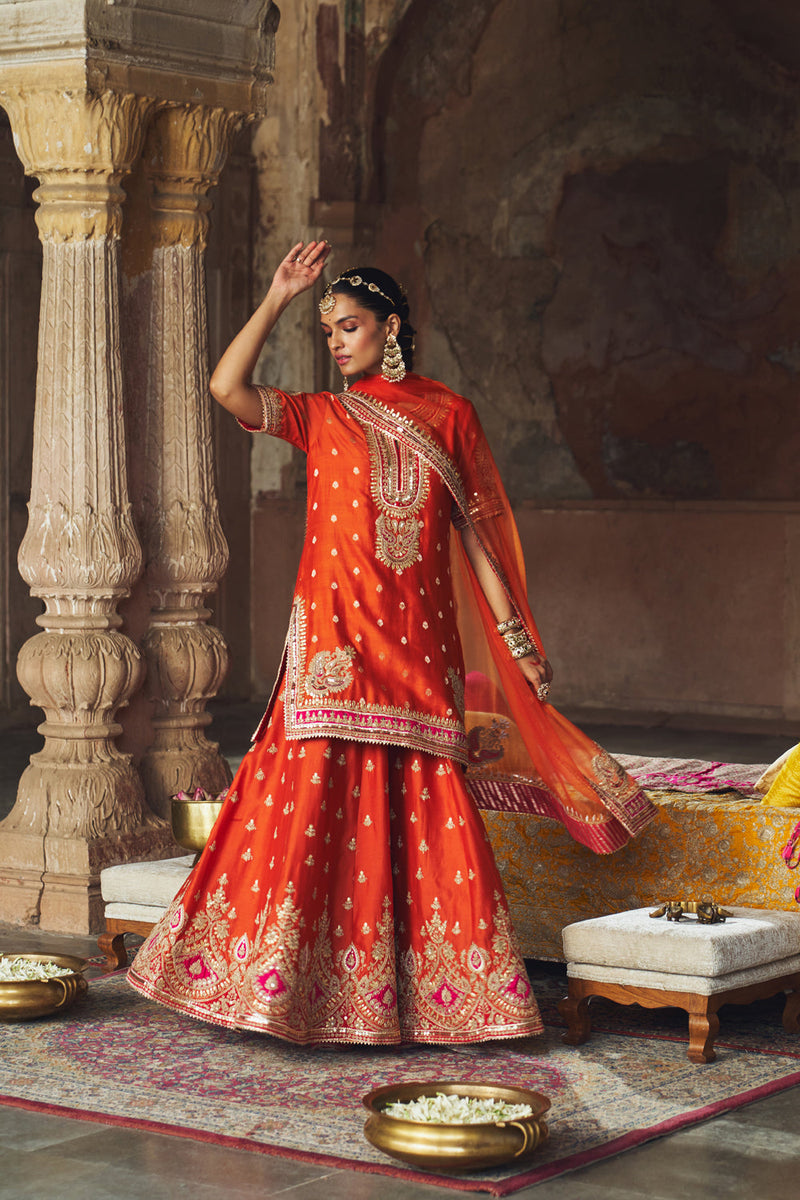 AREESHA - BURNT ORANGE SHORT KURTA WITH SHARARA AND DUPATTA silk chanderi kurta/kurta set by SHEETAL BATRA in orange for women in Singapore