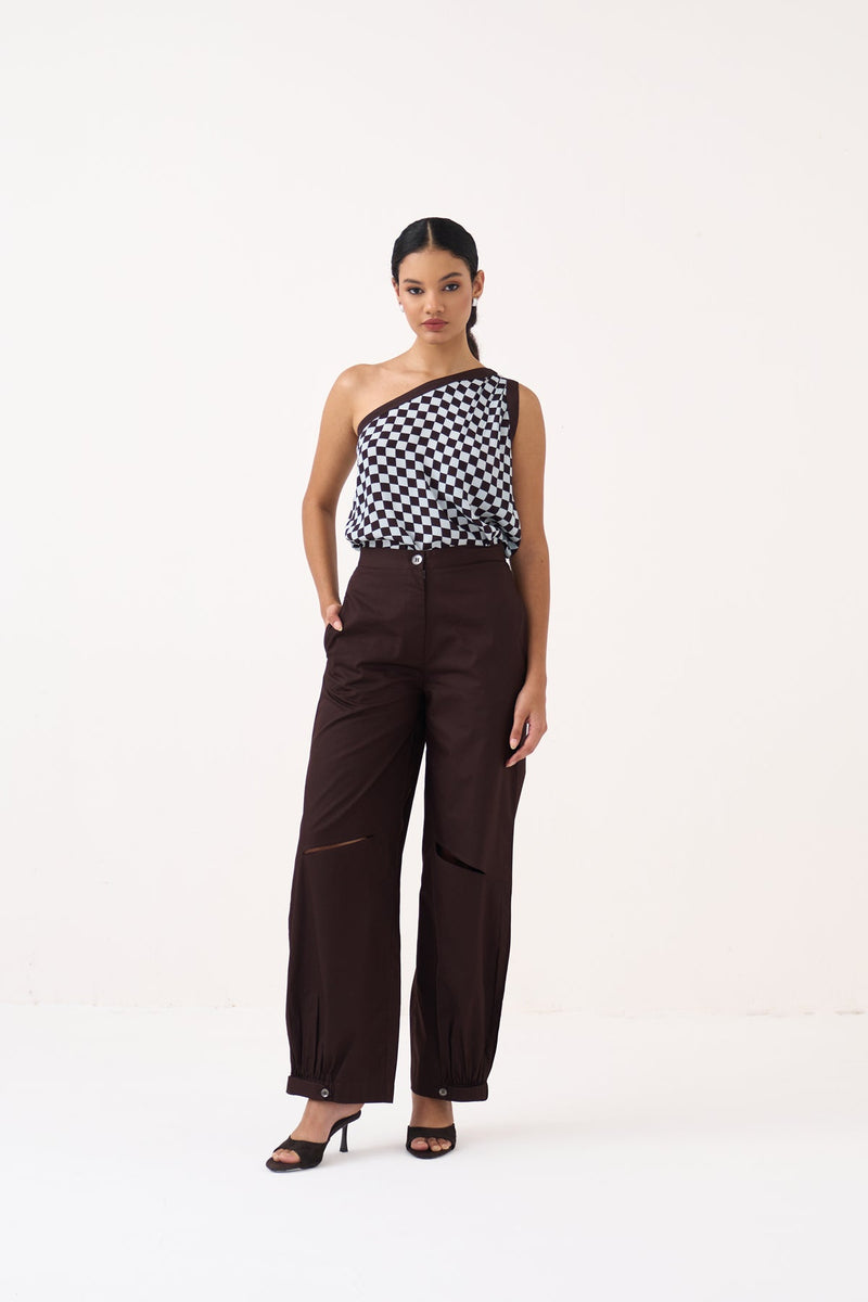 One Shoulder Top Co-Ord-Cocoa Brown & Ice Blue silk crepe co-ord set by THREE in dark brown for women in Singapore