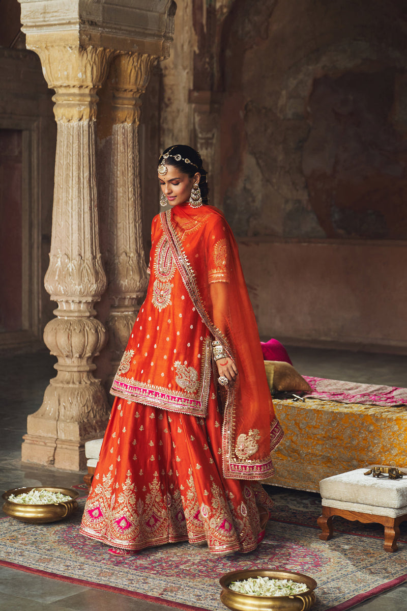 AREESHA - BURNT ORANGE SHORT KURTA WITH SHARARA AND DUPATTA silk chanderi kurta/kurta set by SHEETAL BATRA in orange for women in Singapore