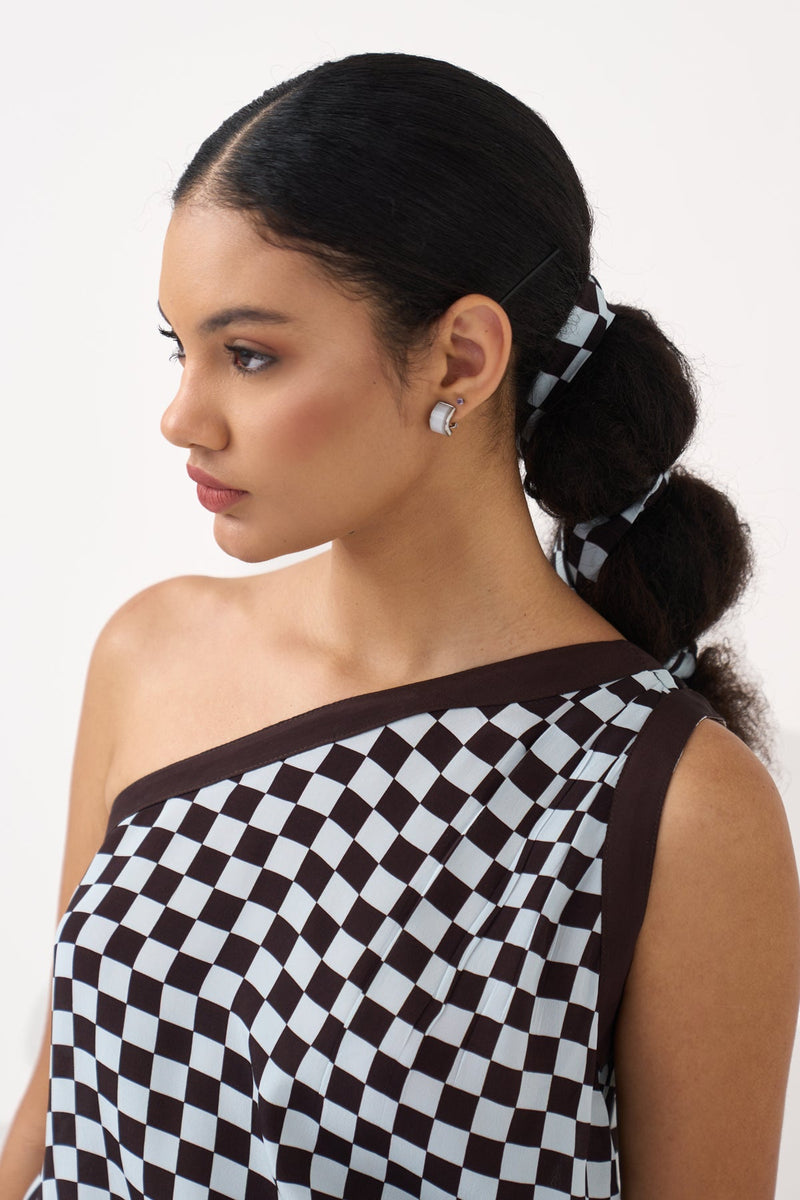 One Shoulder Top-Cocoa Brown & Ice Blue  silk crepe top/shirt by THREE in dark brown for women in Singapore