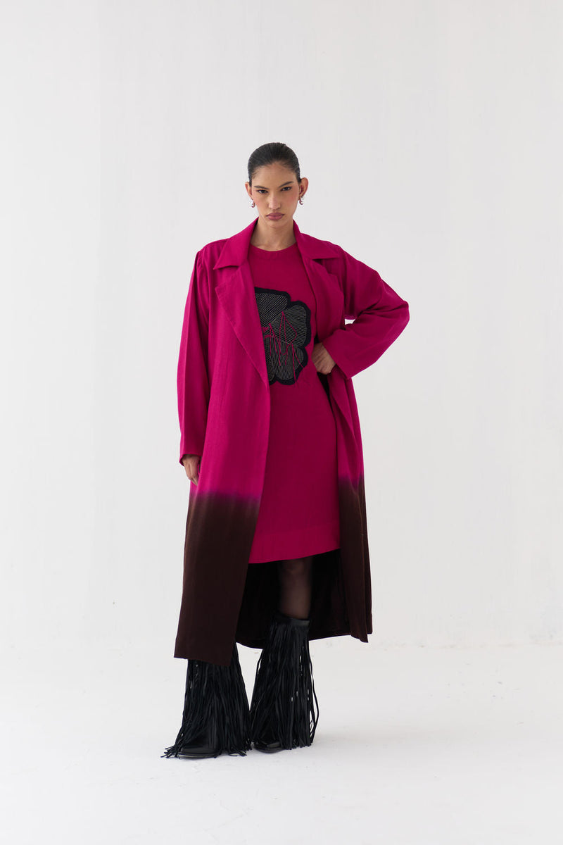 Applique Woollen Dress Co-Ord (Set Of 2)-Fuchsia wool co-ord set by THREE in fuchsia, brown for women in Singapore