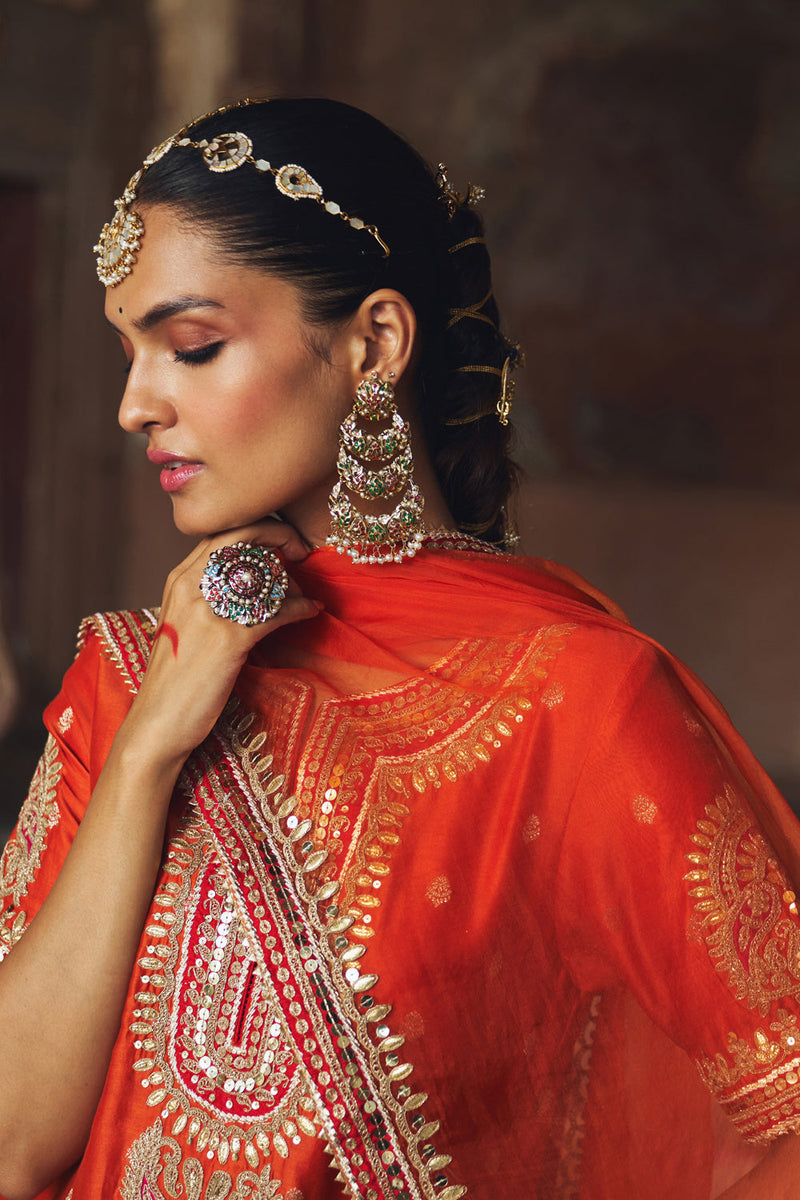 AREESHA - BURNT ORANGE SHORT KURTA WITH SHARARA AND DUPATTA silk chanderi kurta/kurta set by SHEETAL BATRA in orange for women in Singapore