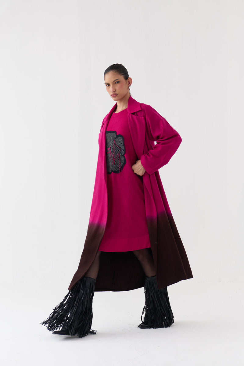 Applique Woollen Dress Co-Ord (Set Of 2)-Fuchsia wool co-ord set by THREE in fuchsia, brown for women in Singapore