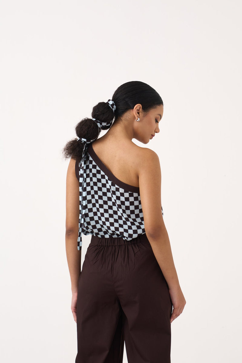One Shoulder Top-Cocoa Brown & Ice Blue  silk crepe top/shirt by THREE in dark brown for women in Singapore