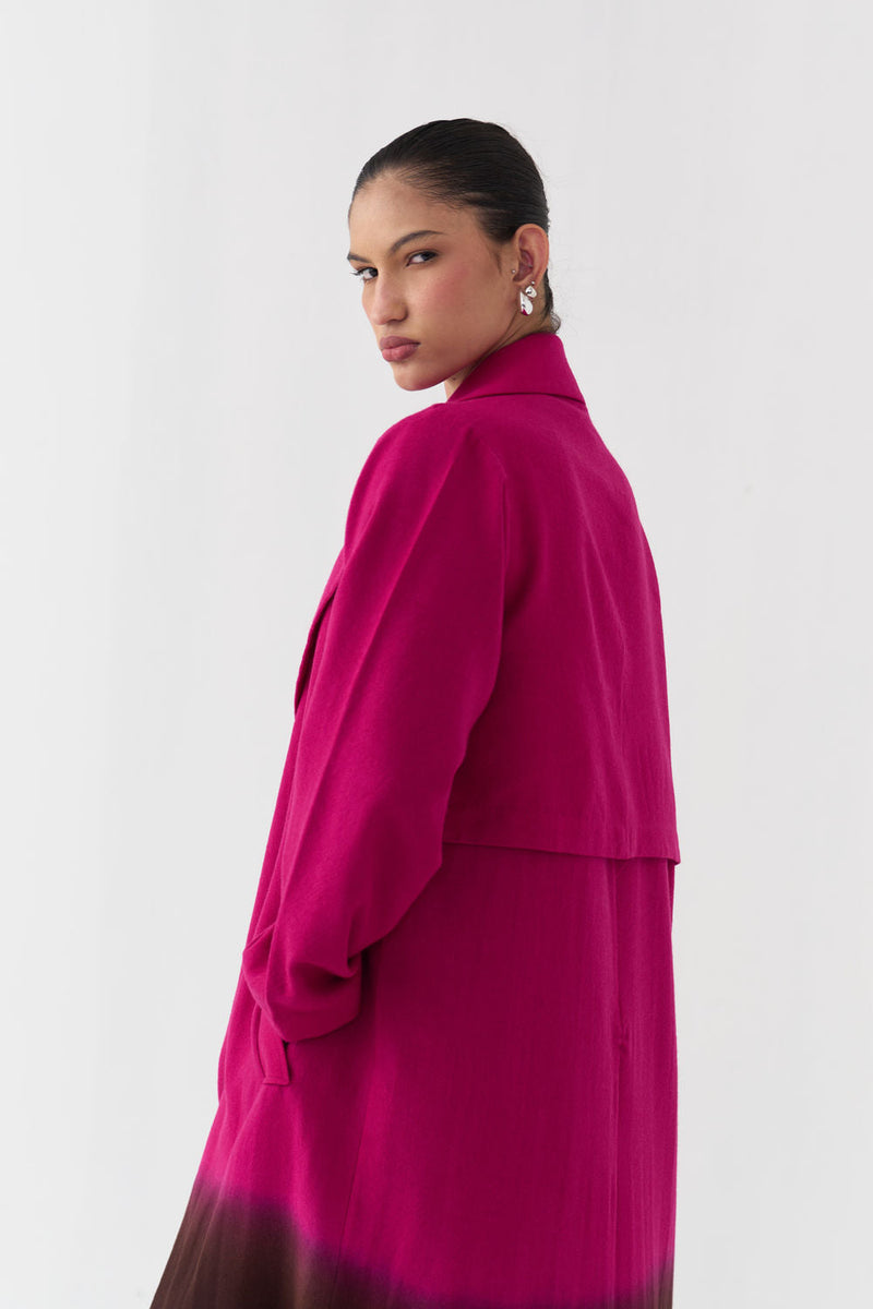 Dip Dye Woollen Trench-Fuchsia / Dark Brown merino wool jacket/overlay by THREE in fuchsia / brown for women in Singapore