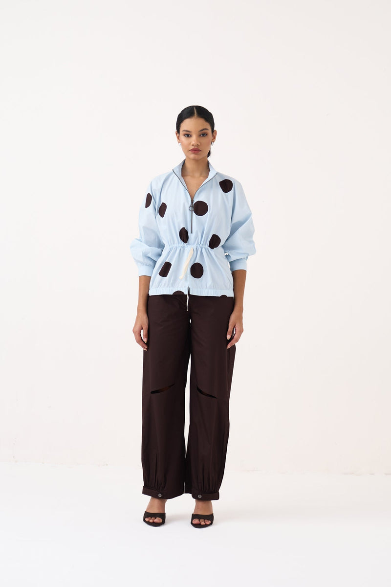 Drawstring Polka Top-Ice Blue & Cocoa Brown  100% cotton poplin top/shirt by THREE in ice blue for women in Singapore