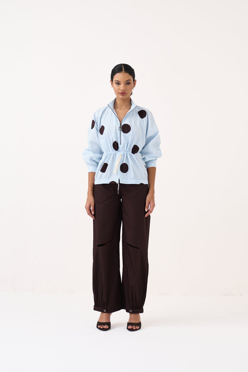 Drawstring Polka Top Co-Ord-Ice Blue & Cocoa Brown 100% cotton poplin co-ord set by THREE in ice blue for women in Singapore